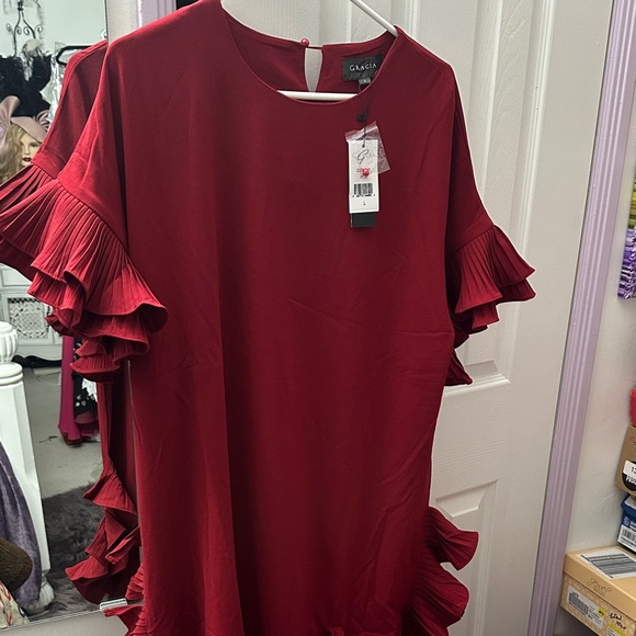Chic Ruffle Sleeve Red Dress - Picture 2 of 4